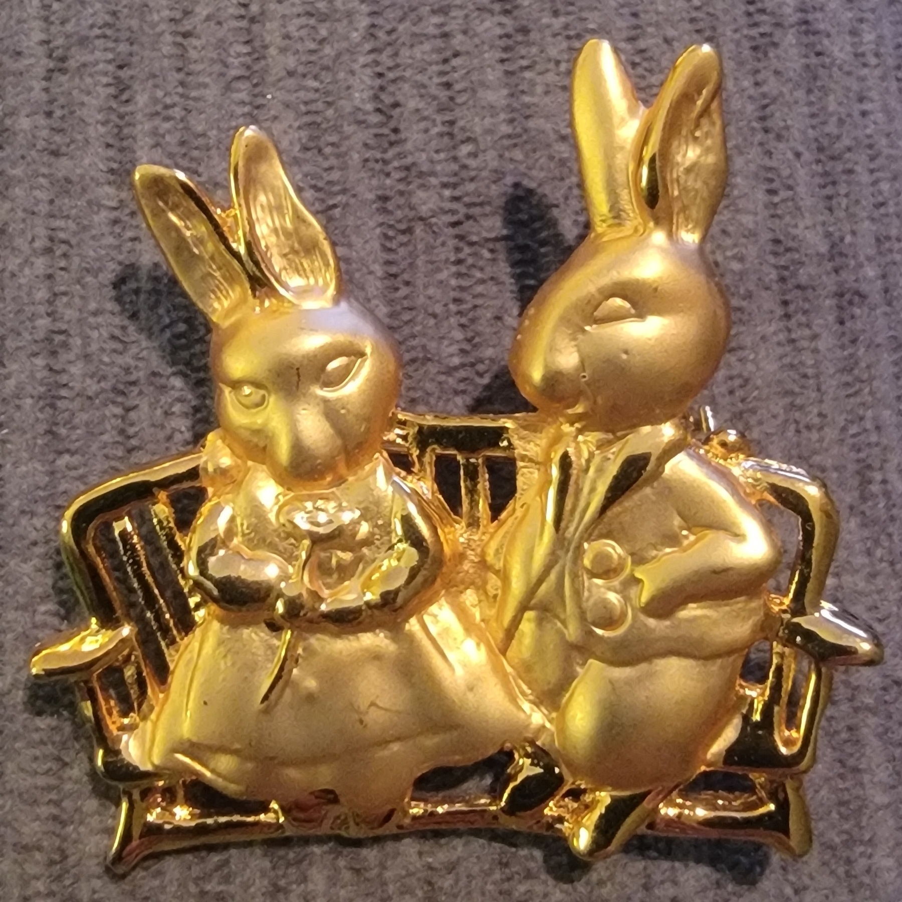 Vintage Goldtone Brooch Pin Features A Charming Couple Of Bunny Rabbit Icons